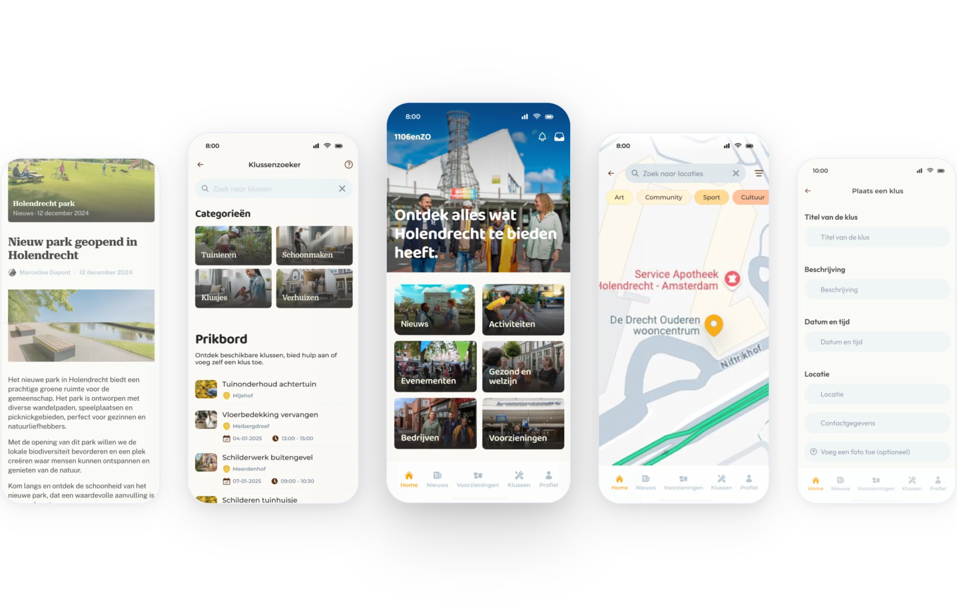 Vijf schermen van de 1106enZO-app naast elkaar: een buurtkrant-artikel, de klussenzoeker met prikbord, de home met buurtoverzicht, de sociale kaart met filters, en het formulier om een klus te plaatsen.