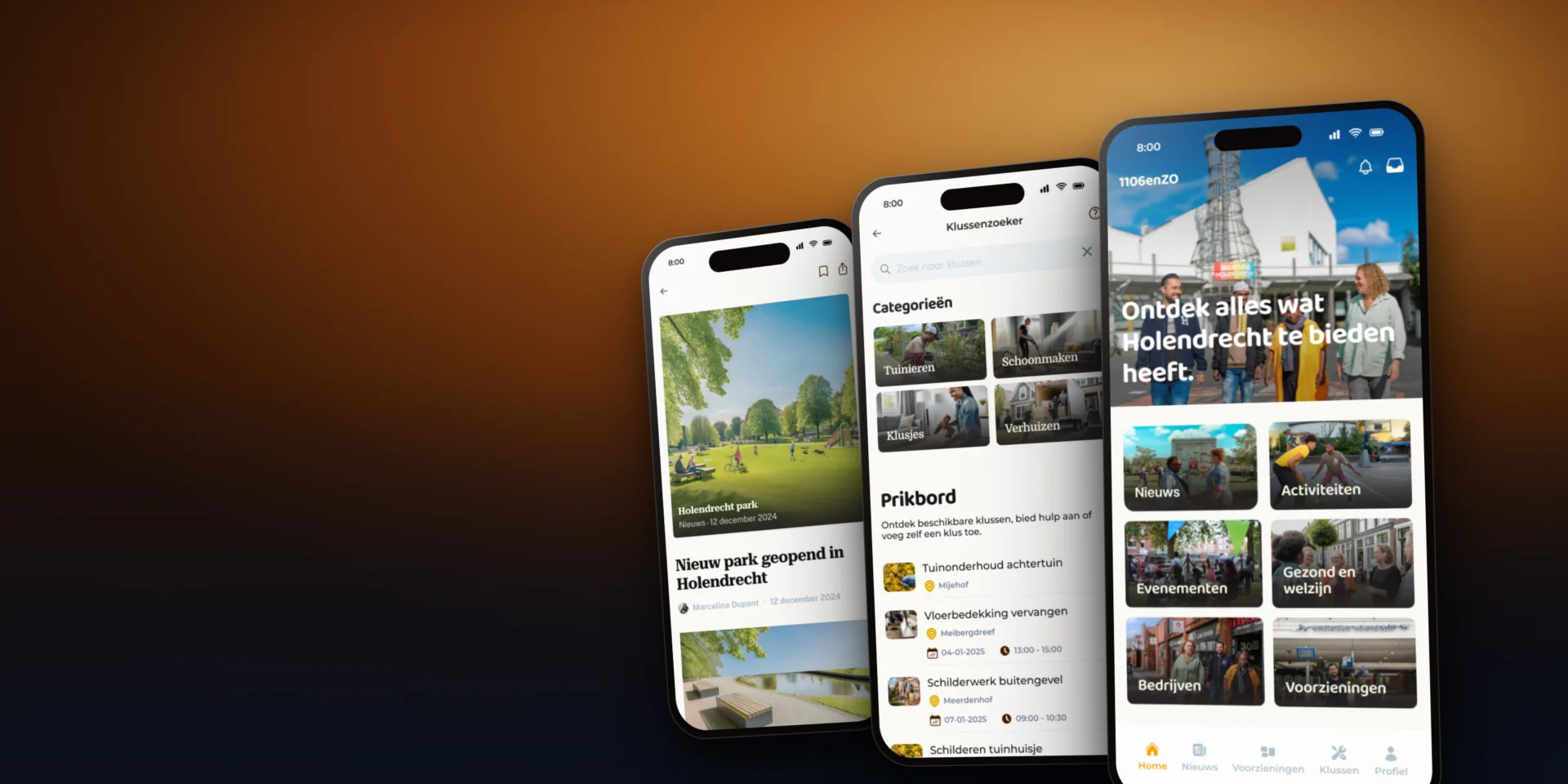 Drie telefoons met de 1106enZO-app: een nieuwsbericht uit Holendrecht, de klussenzoeker met categorieen en prikbord, en de homepagina met buurtoverzicht.