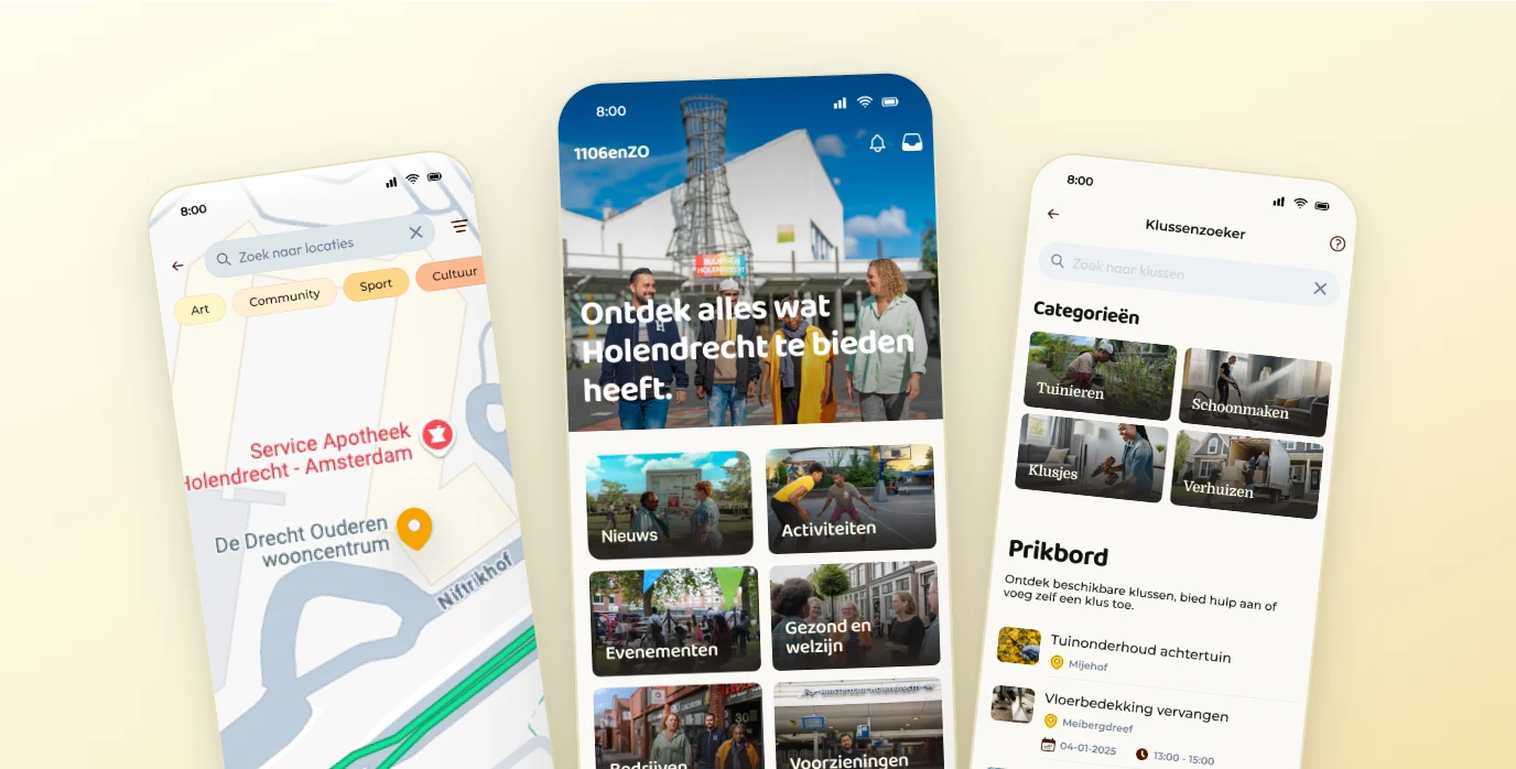 De 1106enZO-app op drie telefoons, tegen een warme achtergrond.