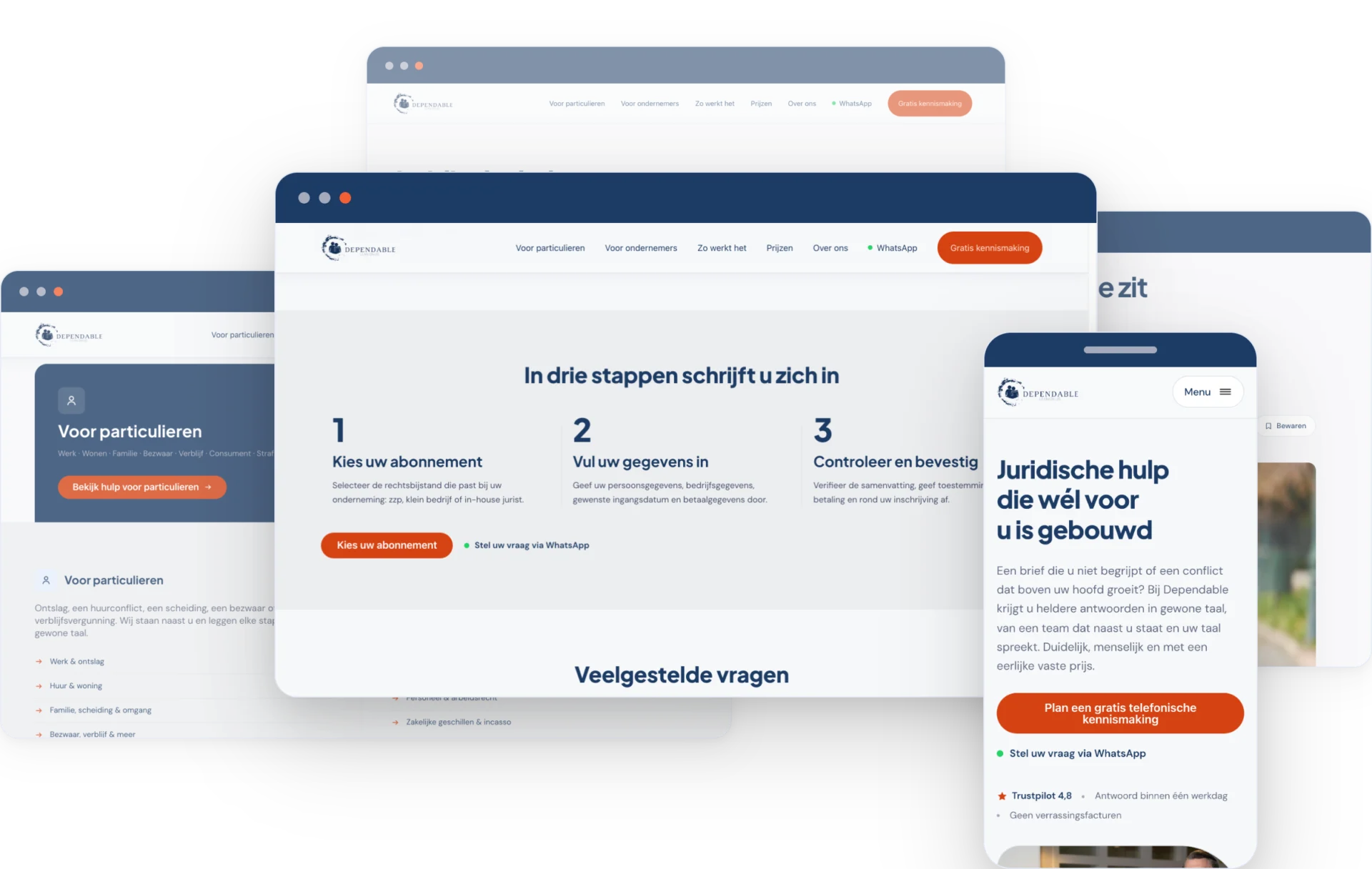 Drie schermen van de website van Dependable: de homepage met guided pathway, een landingspagina per doelgroep, en de abonnementsflow in drie stappen.