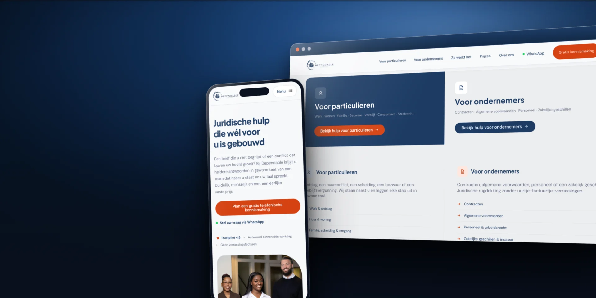 De website van Dependable op twee browservensters en een telefoon, tegen een donkerblauwe achtergrond.