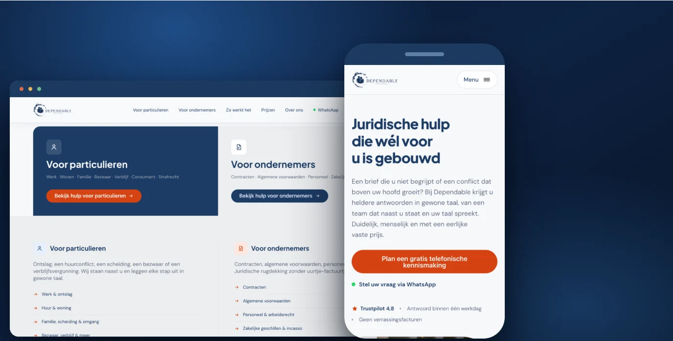 De website van Dependable op desktop en mobiel.