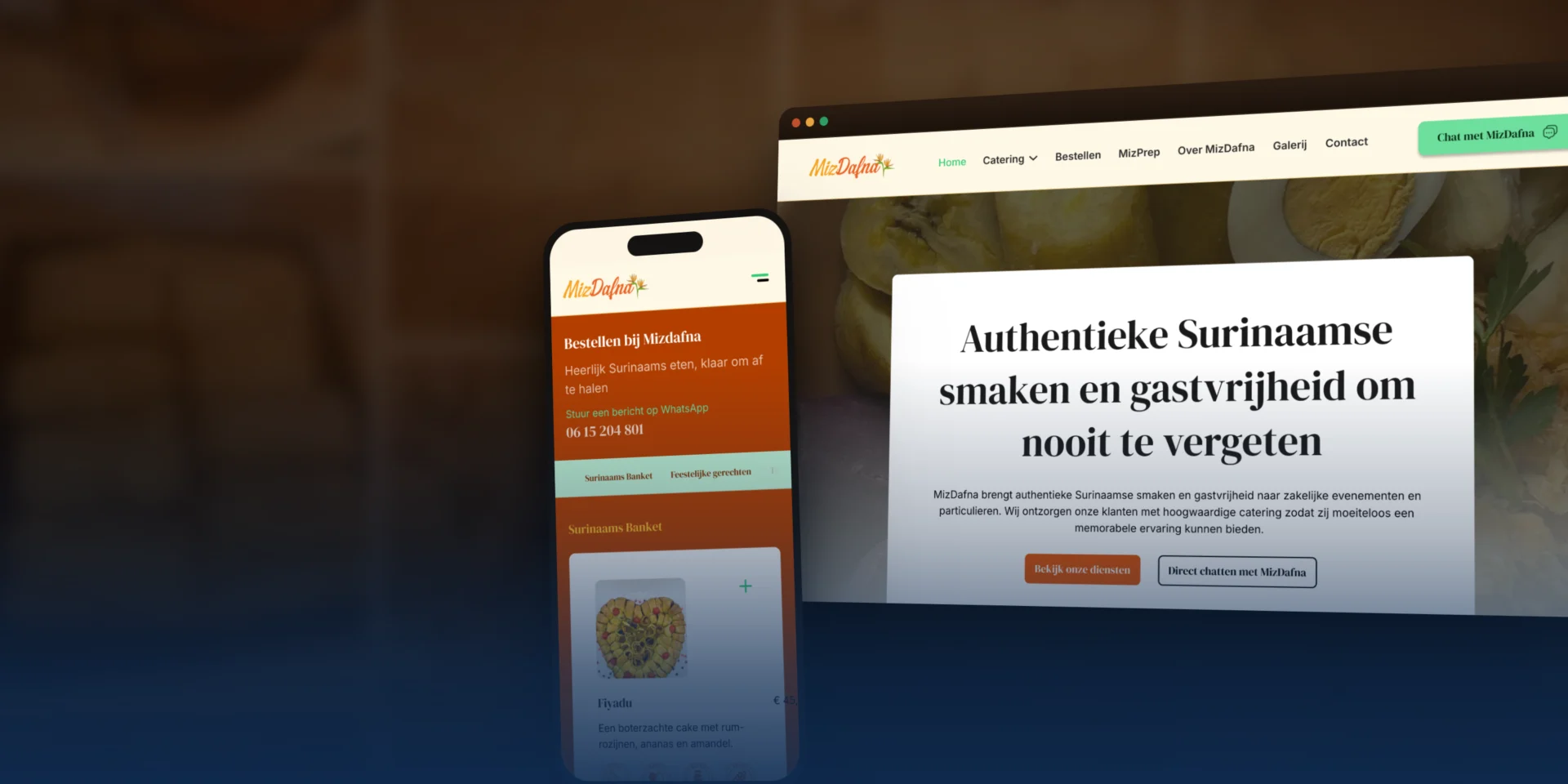 De webshop van MizDafna op een browservenster en een telefoon, met de bestelpagina en het productoverzicht.