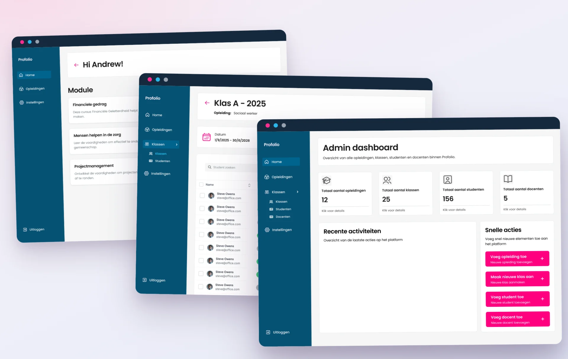 Drie schermen van Profolio: het studentdashboard, het docentdashboard met cijfers, en de adminomgeving.