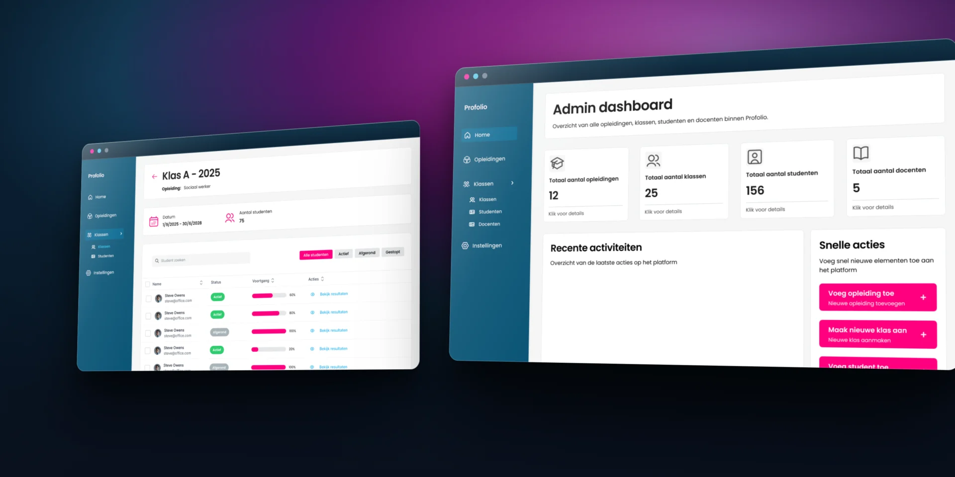 Het Profolio-leerplatform op twee browservensters: een klassenoverzicht en het admindashboard.